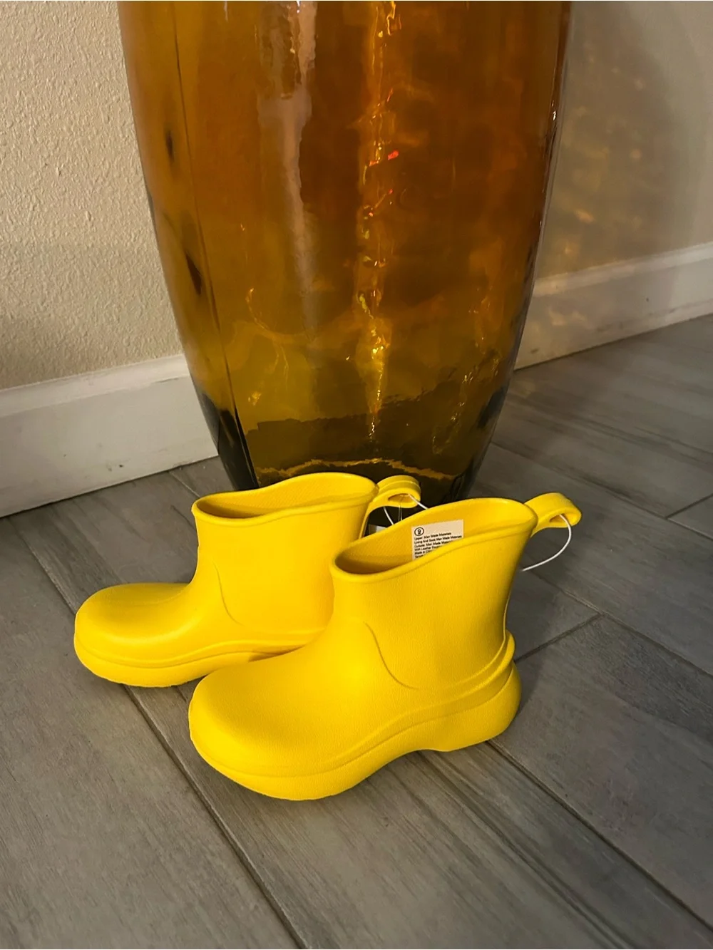 Yellow Rain Boot-Style Shoe with Printed Interior Label